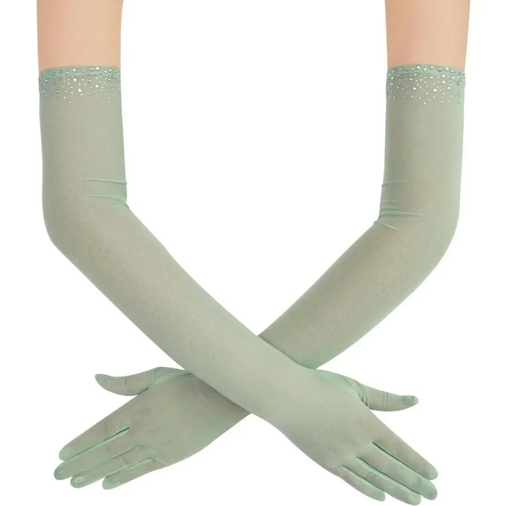 Women's Sexy Pearl Light Sage Beaded Long Gloves Tulle Mesh Wedding Party Prom